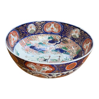 Japanese Imari Arita Large Centerpiece Bowl Hand Painted 19th Century Meiji Cranes Peony Charger For Sale