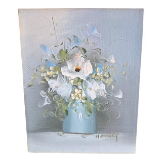 Vintage Original Painting Floral Blue White Green Unframed Signed For Sale