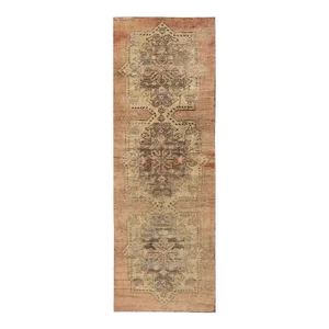 Vintage Turkish Anatolian Handmade Beige Medallion Wool Runner