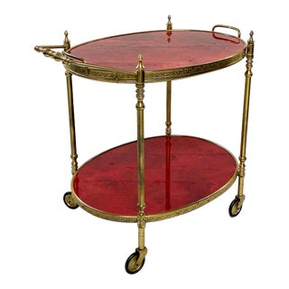1960s Aldo Tura Mid-Century 2-Tier Red Goatskin Parchment Bar Cart For Sale