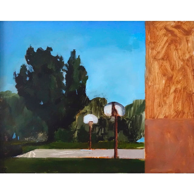 Study for Dreaming by Emma Kalff | Oil on panel Landscape with basketball hoops and trees. For Sale