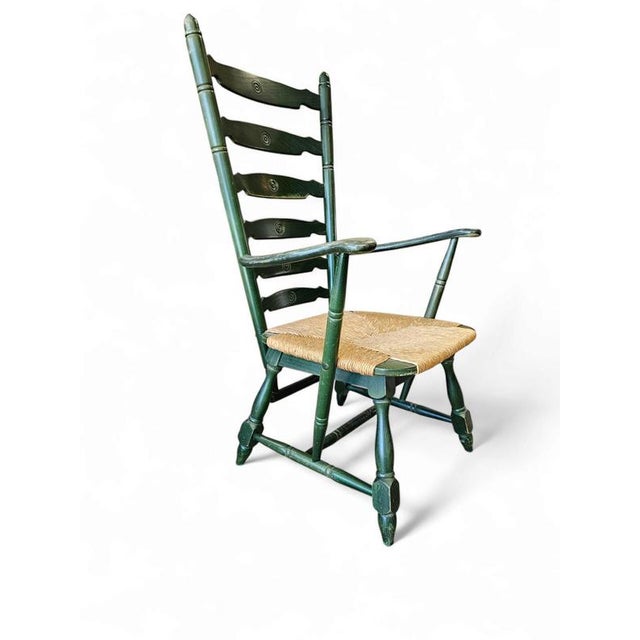 Vintage High Back Ladder Chair in Green Wood with Rush Seat For Sale - Image 14 of 15