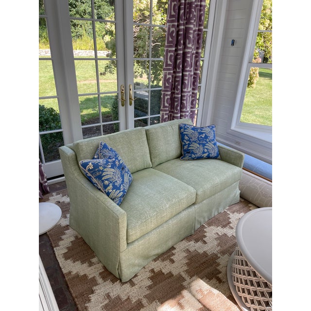 O Henry House Haven Sofa. 5'6" wide, covered in Peter Fasano outdoor fabric Madaket MK-43 Leaf, which is 100% solution-...