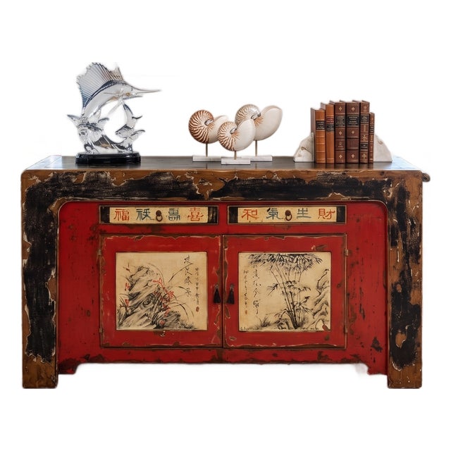 Unique Antique Chinese Sideboard With Distressed Character - Chinoiserie Design For Sale