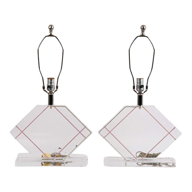 Pair of 1970s Lucite Table Lamps With Geometric Diamond Bases and Red Line Accents, Mid‑Century Modern For Sale