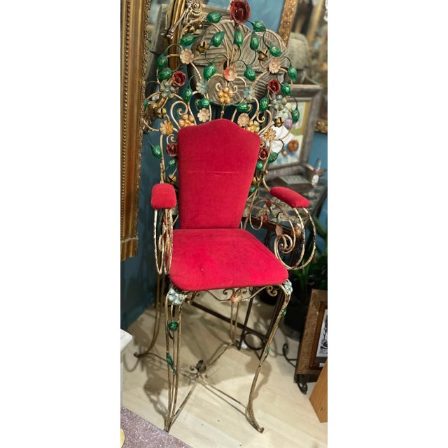 Vintage Ornate French Iron Artist's Chaise Seats From Lyon, France, Colorful Rose, Flowers & Leaves Motif- Set of 2 For Sale In Los Angeles - Image 6 of 7