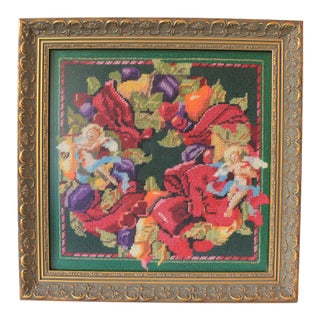Vintage Cherub & Fruit Wreath Framed Needlepoint Wall Hanging For Sale
