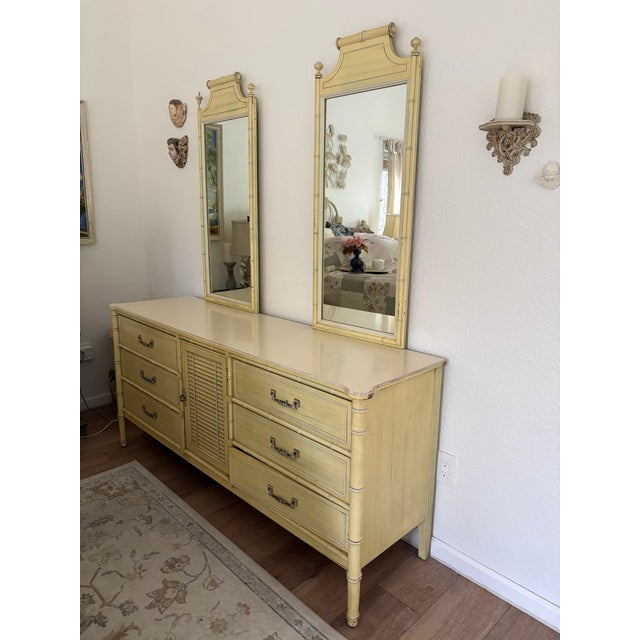Vintage Hollywood Regency 1960s Henry Link, Bali Hai elongated faux, bamboo design dresser with two tall, matching...