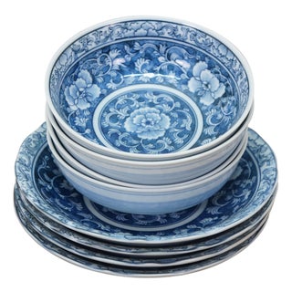 Vintage Chinese Chinoiserie Blue & White Floral Peony Bowls 6" - 8" - Set of 8 For Sale
