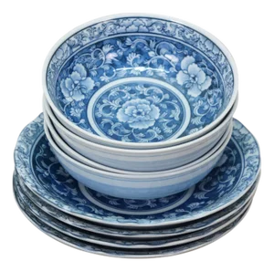 Vintage Chinese Chinoiserie Blue & White Floral Peony Bowls 6" - 8" - Set of 8