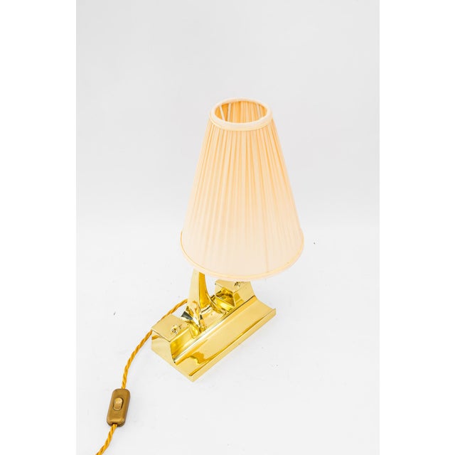 Brass polished and stove enameled The fabric shade is replaced ( new ) The 2 inktrays are missing ( glass ) European Plug...