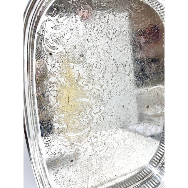 Antique Silverplate Gallery Tray – Engraved Serving Tray With Cast Feet, c.1900 Bar Cart Entertaining For Sale - Image 9 of 12