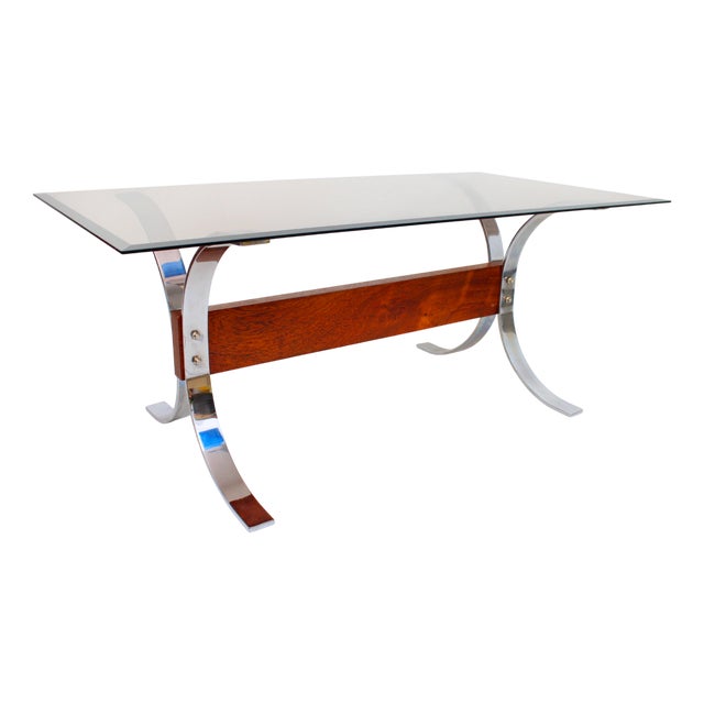 Chrome-Plated Steel and Wood Coffee Table with Smoked Glass Top, 1970s For Sale