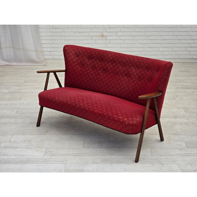 Danish 2-Seater Sofa in Red Fabric with Beech Legs and Armrests, 1960s For Sale - Image 6 of 17