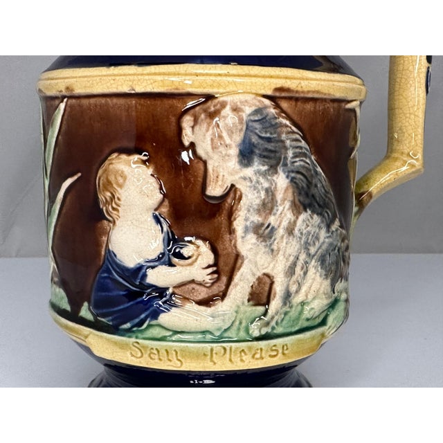 English 19th Century Thomas Forester Majolica Pitcher: "Say Please" Child & Dog, c. 1865-1880 For Sale - Image 3 of 10