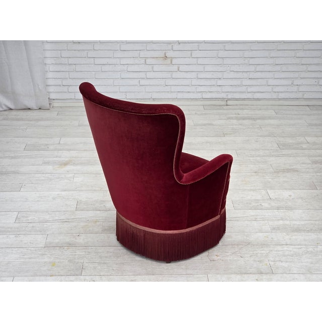 Mid-Century Modern Danish Armchair in Cherry-Red Velour with Ash Legs, 1970s For Sale - Image 3 of 17