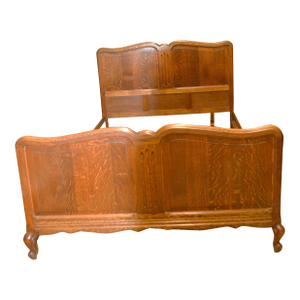 1950s Vintage Simple Lines Carved Oak Full Bed Frame W/ Shapely Legs From Europe