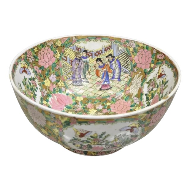 Vintage Rose Medallion Chinese Export Porcelain Figural Painted Bowl For Sale