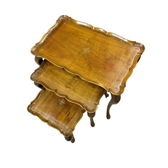 Brown Vintage Franco Tacchi Florentine Italian Wood Set of 3 Nesting Tables For Sale - Image 8 of 17