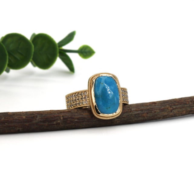 2020s 3.3ct Sonoran Turquoise Ring With Natural Diamond Accents in Solid 14k Gold, Size 6.75 For Sale - Image 5 of 6