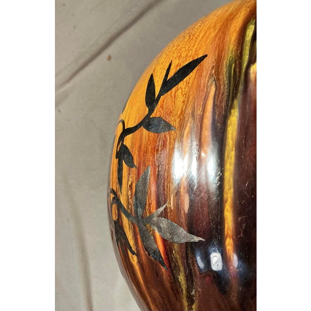 Brown Vintage Mid Century Modern Pottery Table Lamp Drip Glaze Silver Overlay Gazelle Ram For Sale - Image 8 of 12