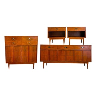 Vintage Mid-Century Modern Walnut 4-Piece Bedroom Set With Diamond Parquet Accent Inlay– Highboy, Long Dresser, & End Table Set For Sale