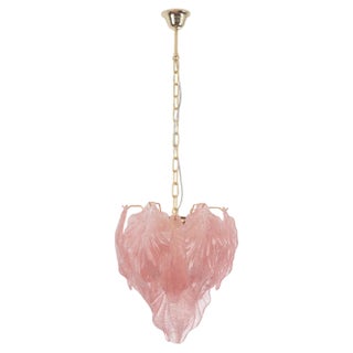 Pink Suspension Chandelier with Murano Glass Leaves, Italy, 1990s For Sale