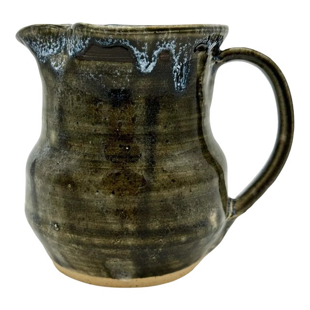 Vintage Studio Pottery Green Stoneware Pitcher Signed For Sale