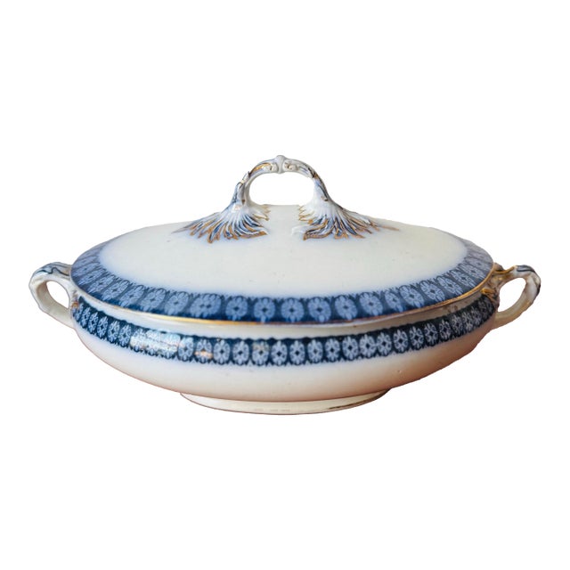 Antique European Blue Flow Porcelain Covered Tureen With Gilt Winged Handles, 19th Century For Sale