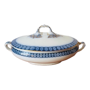 Antique European Blue Flow Porcelain Covered Tureen With Gilt Winged Handles, 19th Century