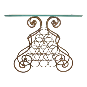 Vintage Italian Gold Scrollwork Wrought Iron Wine Rack Bottle Holder Bar Accent Table Ice Sculpture Glass Top