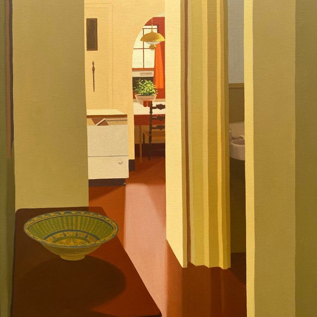 Barbara Morgan Roberts Vintage 1974 Mid Century Modern Edward Hopper Style " Interior " Framed Original Large Realist Painting For Sale - Image 13 of 17