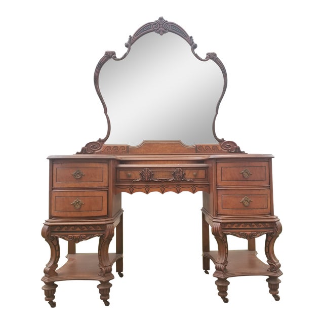 Vintage Art Deco Waterfall Ladies Makeup Vanity Dresser With Mirror