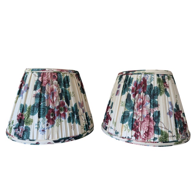 English Vintage Botanical Pleated Lampshades- A Pair For Sale - Image 3 of 17