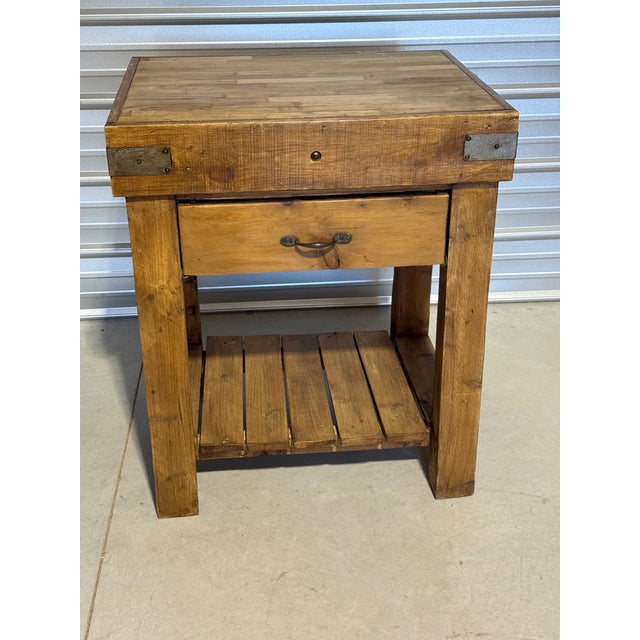 English Butcher Block Table With Drawer Built With Antique Wood From England For Sale - Image 3 of 18