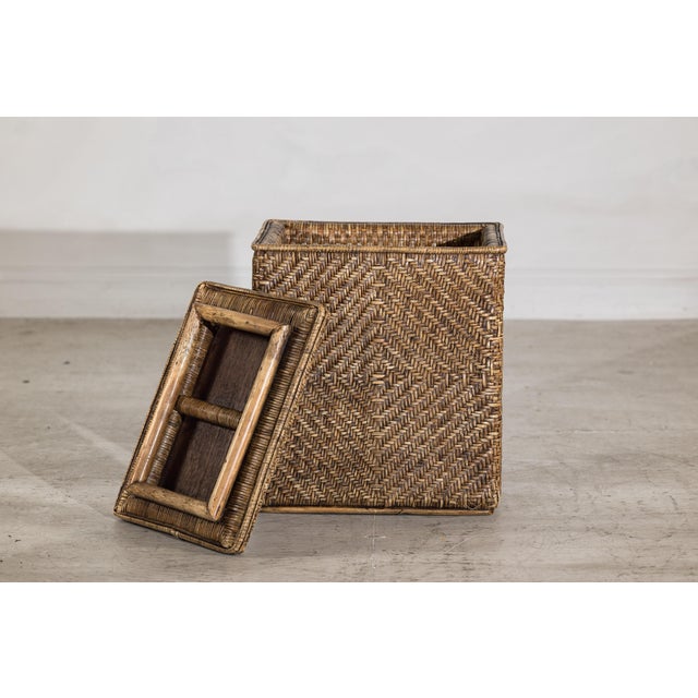 Vintage Rattan Over Wood Storage Basket with Removable Lid and Side Handles For Sale - Image 11 of 17