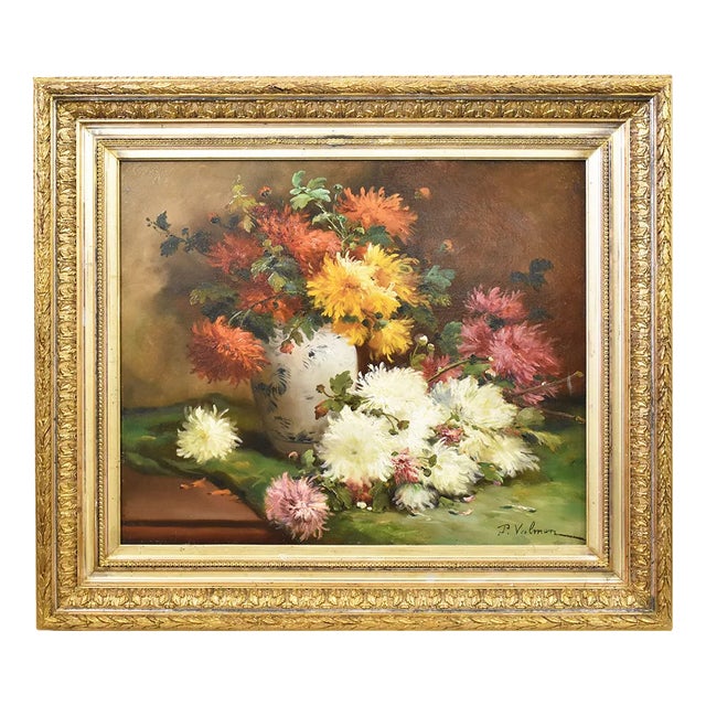 P. Valmon, Dahlias, Oil on Canvas, 19th Century, Framed For Sale