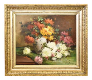P. Valmon, Dahlias, Oil on Canvas, 19th Century, Framed