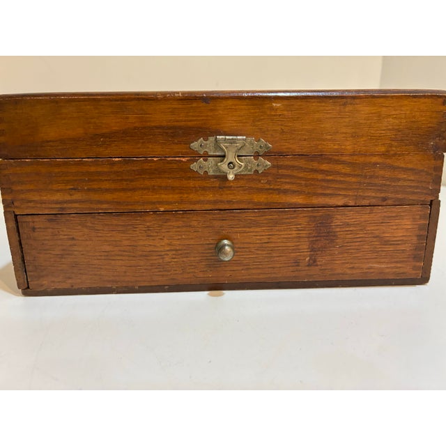 Antique Wood Storage Box With Drawer - Dovetail Joints - Brass Hardware C. 1900 For Sale - Image 4 of 11