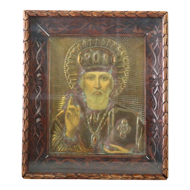 Hand Painted St. Nicholas Icon in Brass Overlay & Shadowbox C1920 For Sale