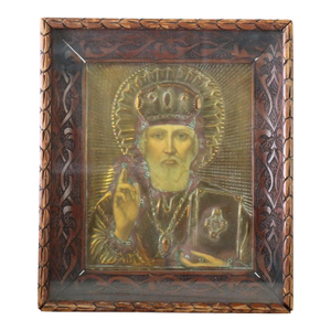Hand Painted St. Nicholas Icon in Brass Overlay & Shadowbox C1920