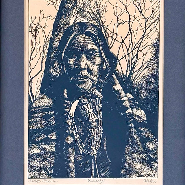 This vintage limited edition print titled Navajo by artist James Gucwa depicts Chief Wolf Robe (Honii-Wotoma), a respected...