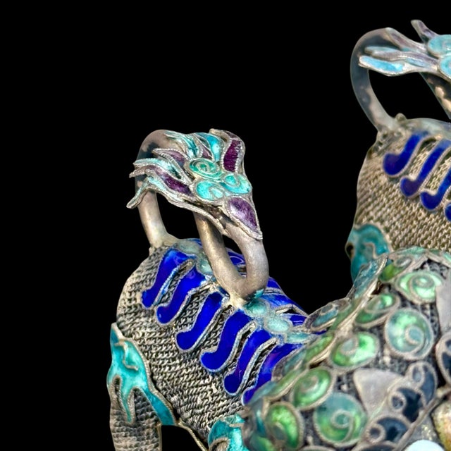 Antique Chinese Enamel Foo Dogs - Gilt Copper Filigree Temple Guardian Lions - Pair For Sale - Image 4 of 9