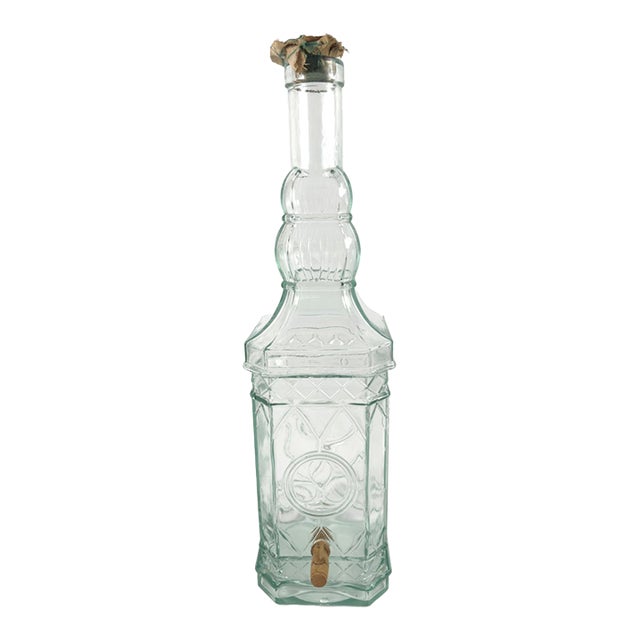 Antique French Mold-Blown Glass Liquor Fountain With Wooden Spigot, Circa 1900 For Sale