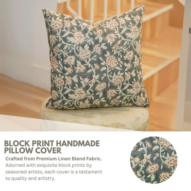 Fabdivine Mrignani Handmade Block Print Pillow Covers 14x14 Inches Linen Blend Decorative Throw Cushion For Sale - Image 9 of 9