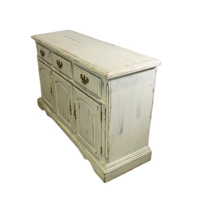 Farmhouse Vintage French Country Distressed White Sideboard Cabinet With Brass Hardware For Sale - Image 3 of 6