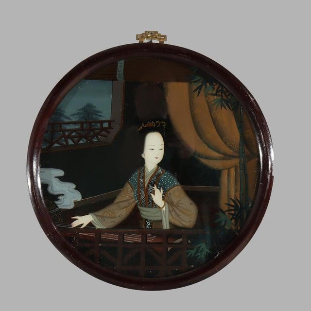 Chinese Pair of Antique Chinese Reverse Painted Circular Portrait Wall Panels C1920 For Sale - Image 3 of 9