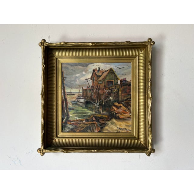 1950's S. Wolfson Fishing Dock Coastal Landscape Oil Painting For Sale - Image 12 of 12