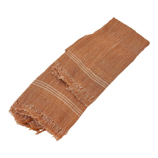100% Cotton Towel Napkin Fabric Orange Brown Coral White Stripes Handmade Handspun Large Natural Organic Set of Two (2) For Sale