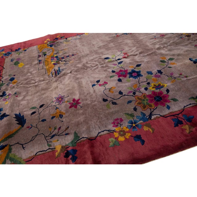 1920s Antique Art Deco Brown and Red Chinese Handmade Wool Rug For Sale In New York - Image 6 of 7